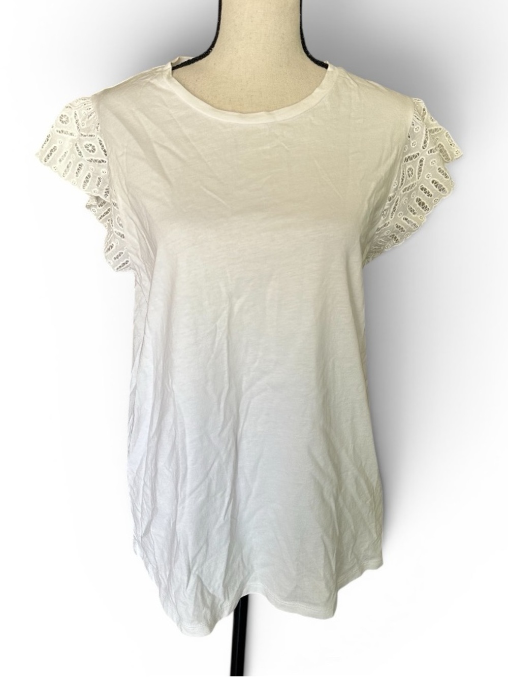 Michael Kors White Lace Sleeve Crewneck Tee Shirt Size Medium